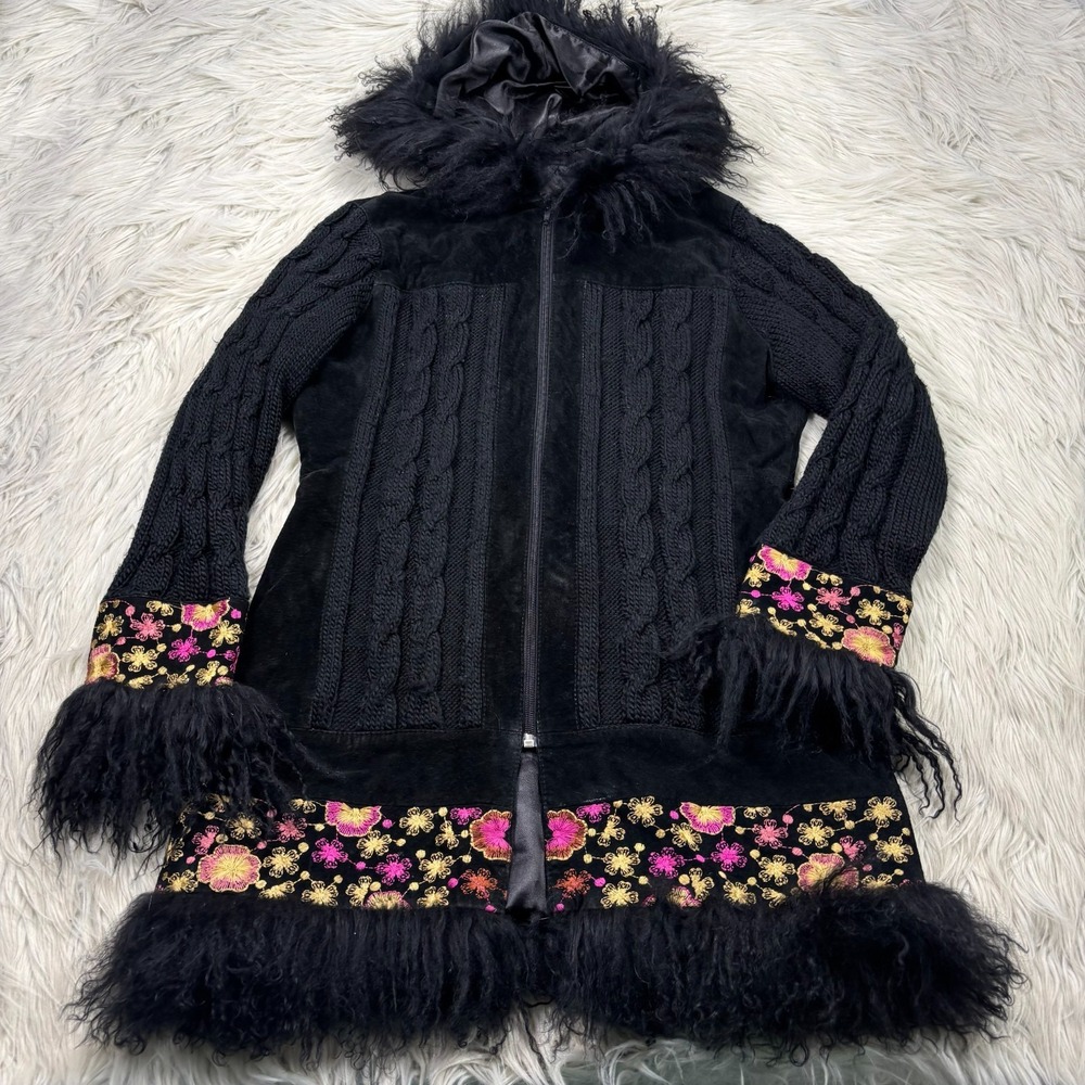 Pandemonium Women's M Black Suede Knit Embroidered Penny Lane Coat Fur Trim Hood